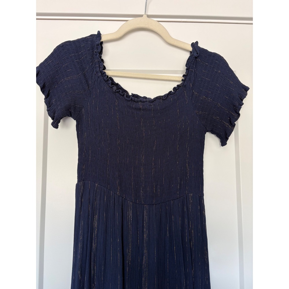 Mi Ami Navy Romantic Parisian Gold Metallic Pinstripe Smocked High Low Maxi‎ L - Picture 3 of 10